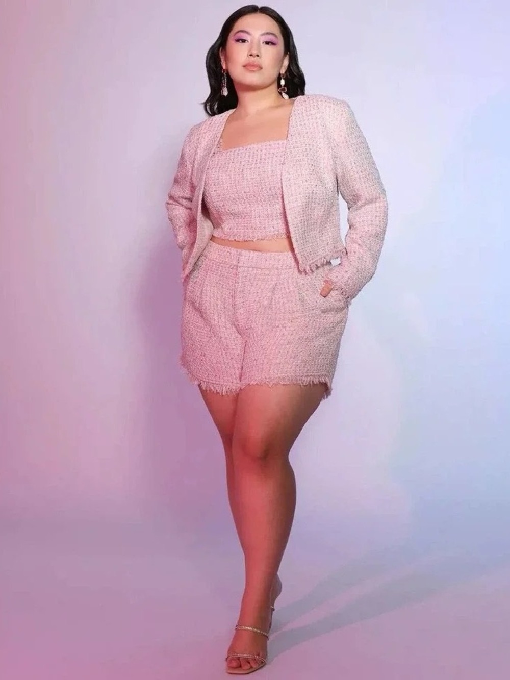 NWT ELOQUII Pink Tweed Short Bolero Jacket Fringe Trimmed Lined Metallic Size 14
